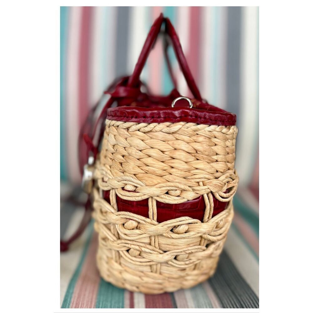 BRIGHTON Vintage "Marilyn" Woven Heart Satchel/Red Croco-Embossed Leather Trim - Picture 7 of 14